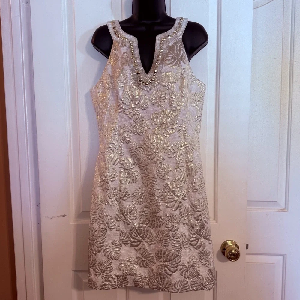 “LILLY PULITZER” Valli Resort Gold Palm Jacquard Shift Dress